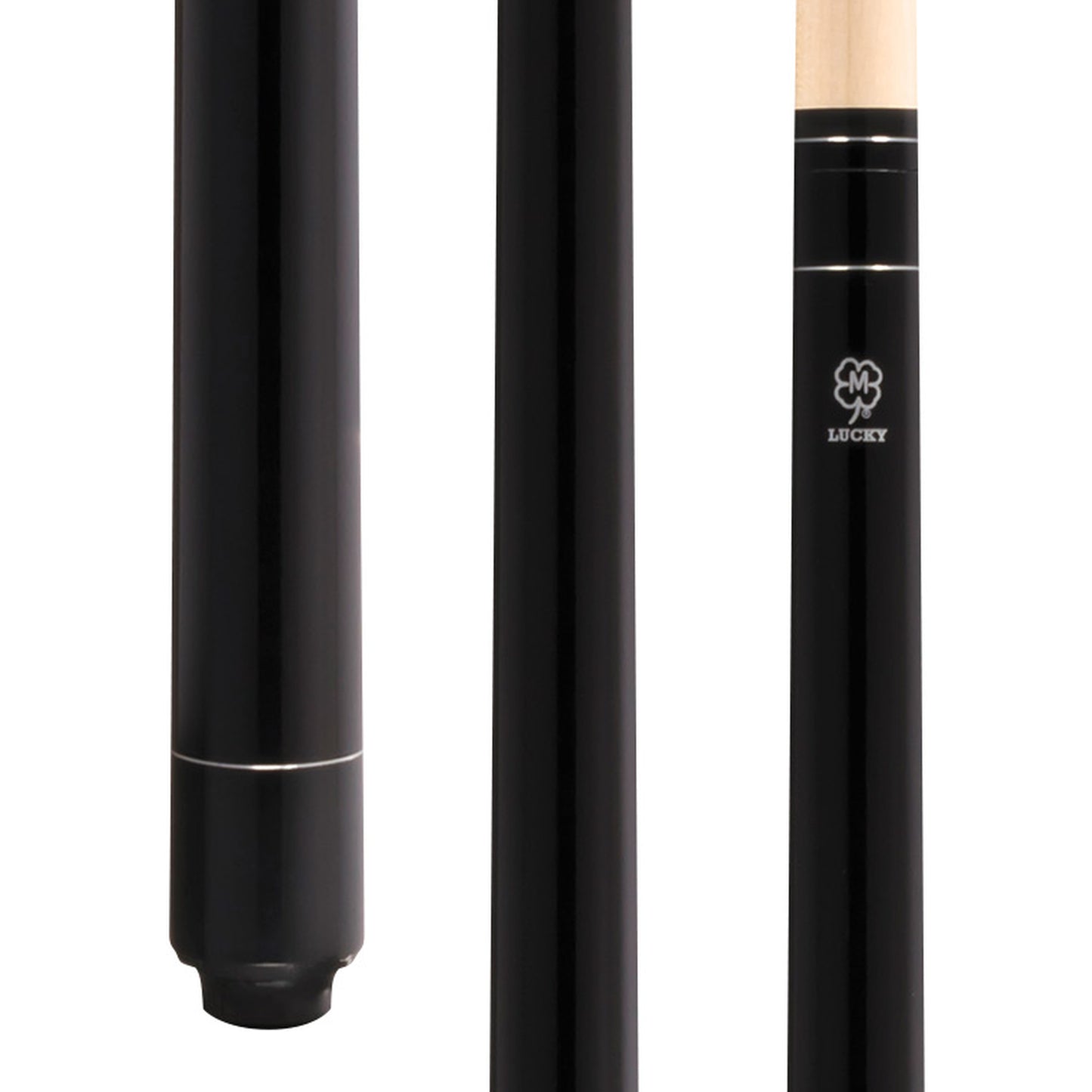 McDermott Lucky L1 Pool Cue close-up of black painted maple butt with no-wrap handle and silver rings.