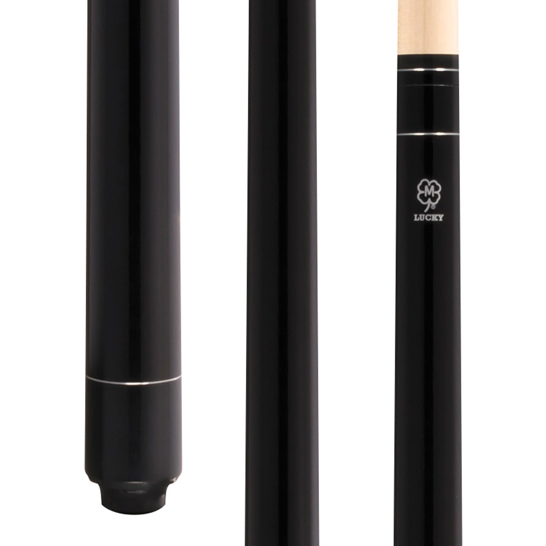 McDermott Lucky L1 Pool Cue close-up of black painted maple butt with no-wrap handle and silver rings.