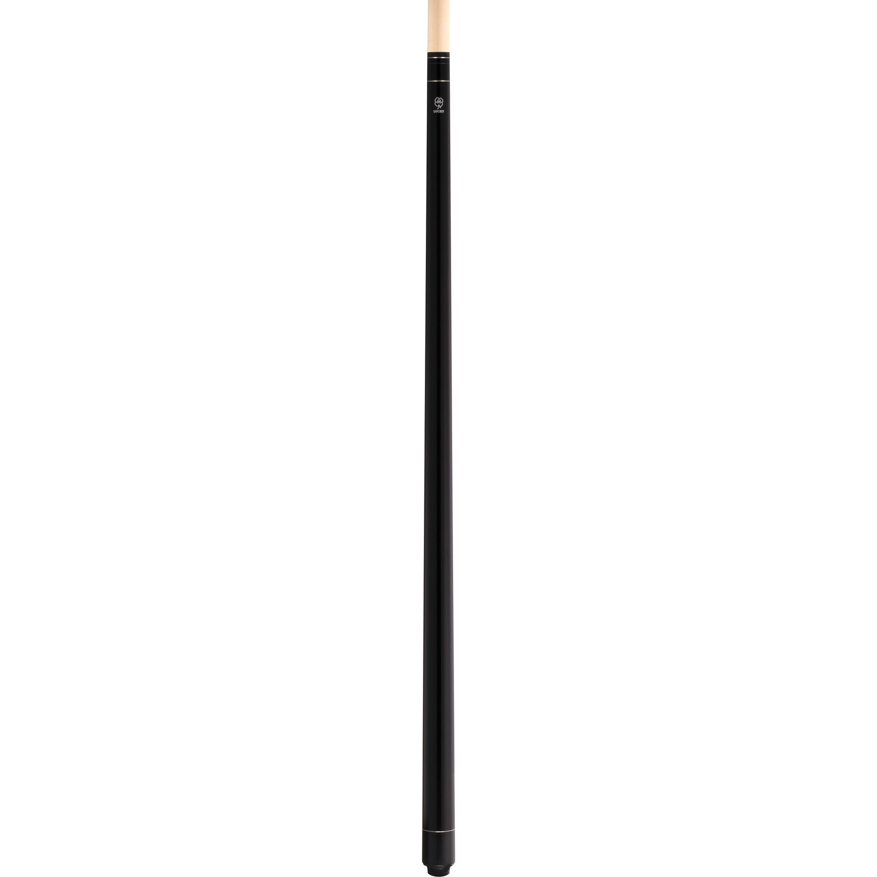 McDermott Lucky L1 Pool Cue, full length view, black painted maple with silver rings and no-wrap handle.