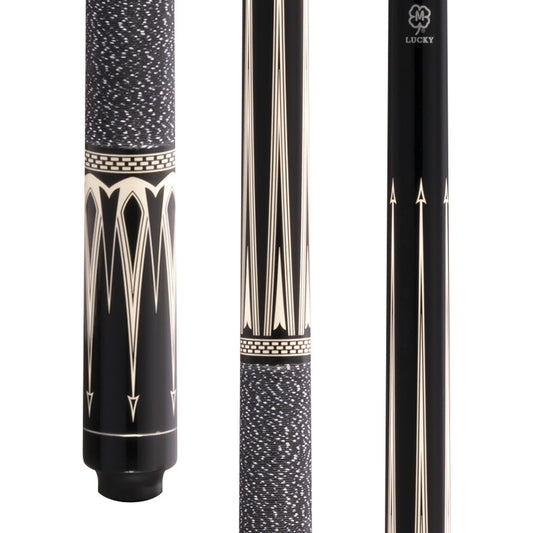 Lucky L22 Pool Cue – Black with Overlay Points Design, Irish Linen Wrap, Silver Rings, 3/8x10 Joint