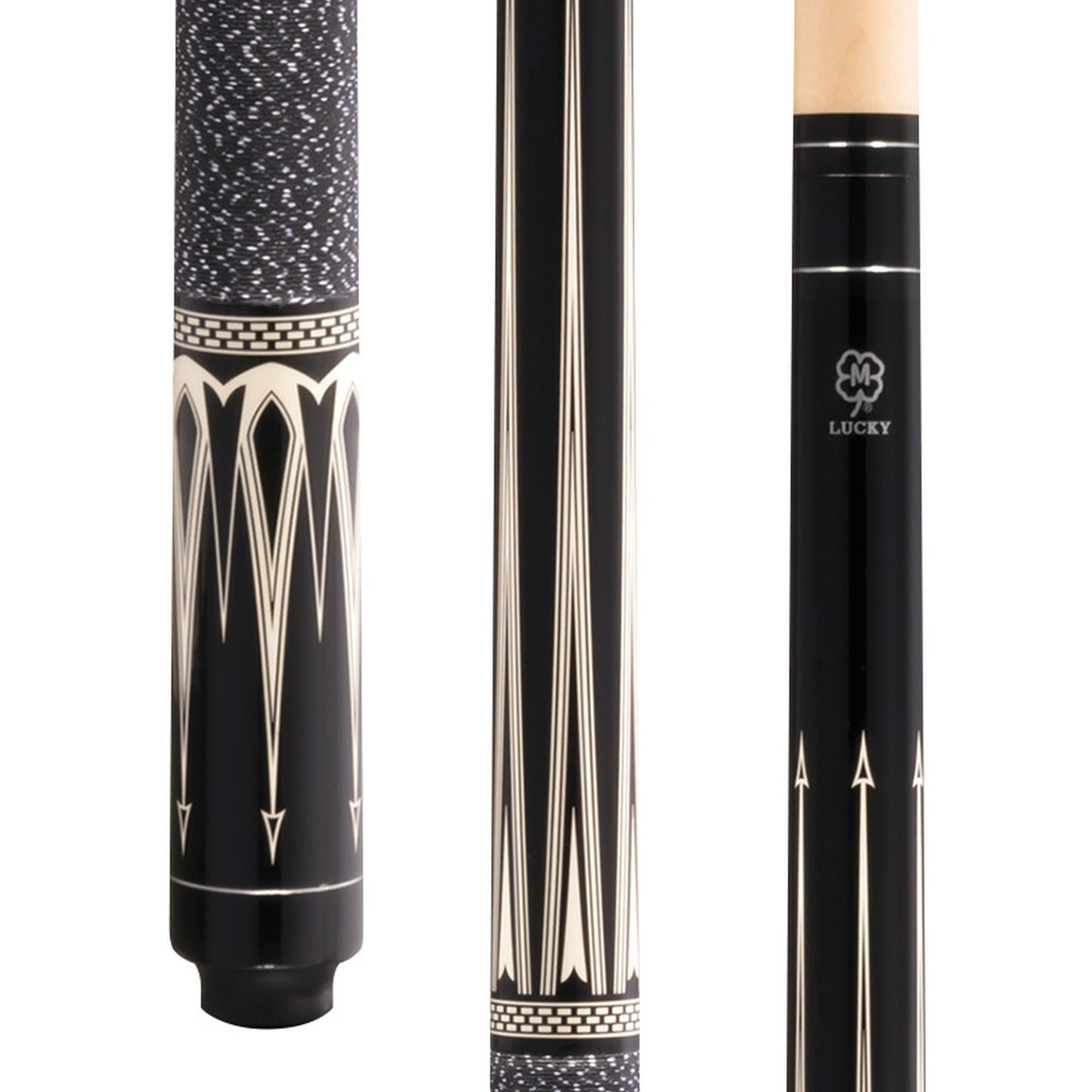 McDermott Lucky L22 pool cue. Close-up of black forearm with overlay points and matching sleeve graphics. Features Irish linen wrap and silver rings.