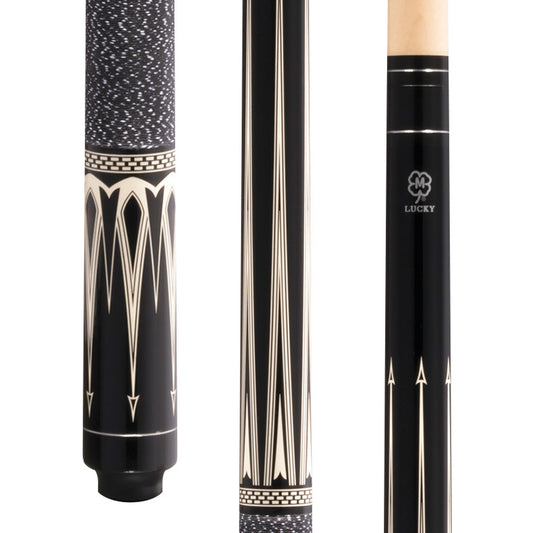 McDermott Lucky L22 pool cue. Close-up of black forearm with overlay points and matching sleeve graphics. Features Irish linen wrap and silver rings.