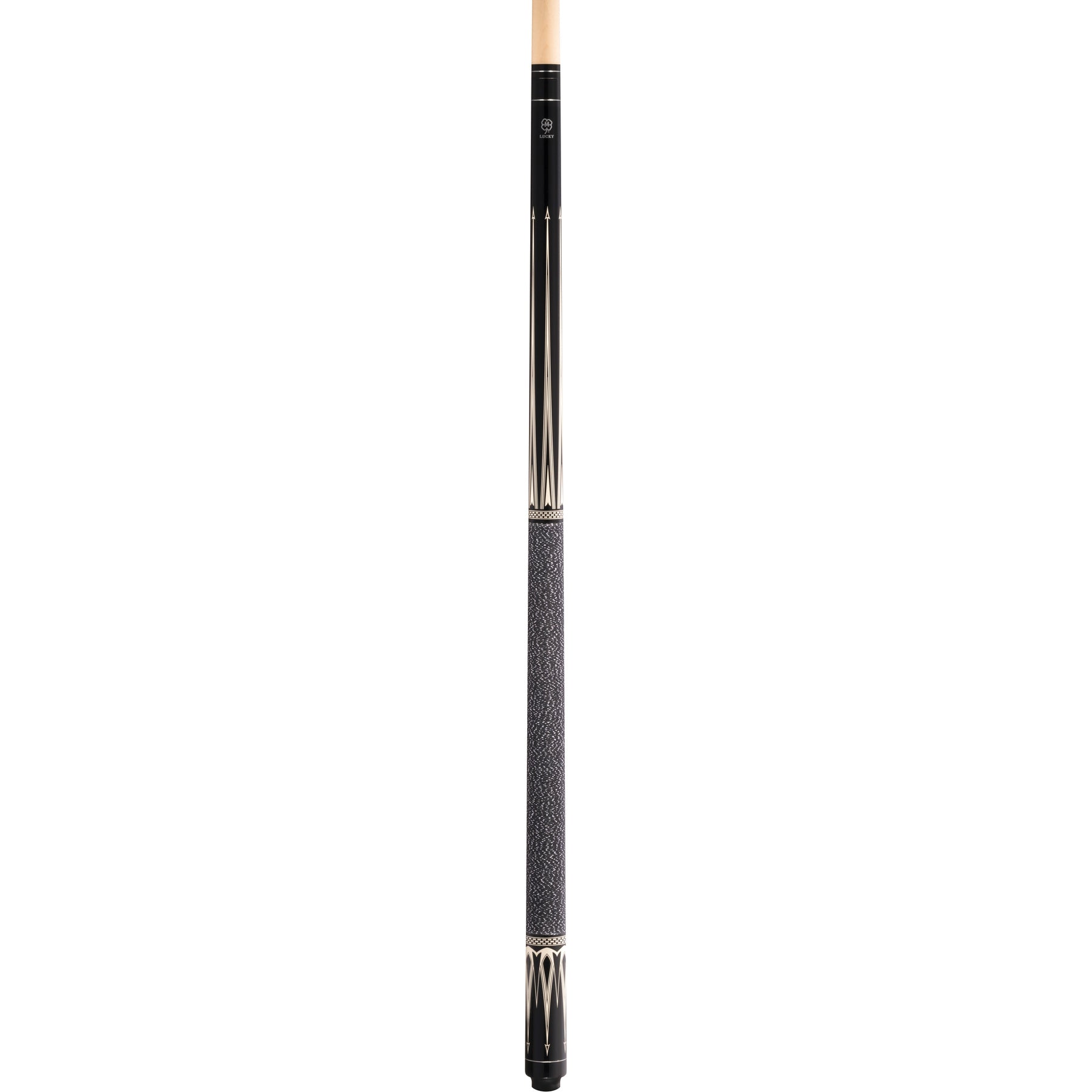 McDermott Lucky L22 pool cue, full view. Black forearm with classic overlay point styling, matching sleeve graphics, and Irish linen wrap.
