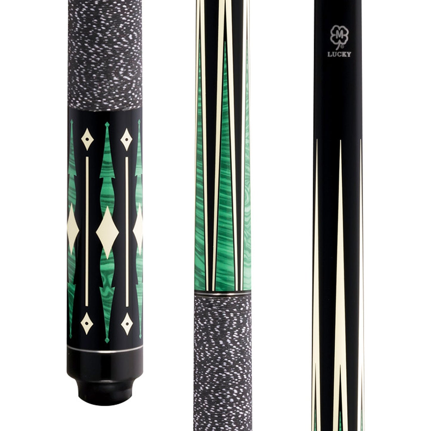 Lucky L28 Pool Cue – Black with Green & White Points and Diamond Design, Irish Linen Wrap, 3/8x10 Joint billiard pool cue stick by ASKA