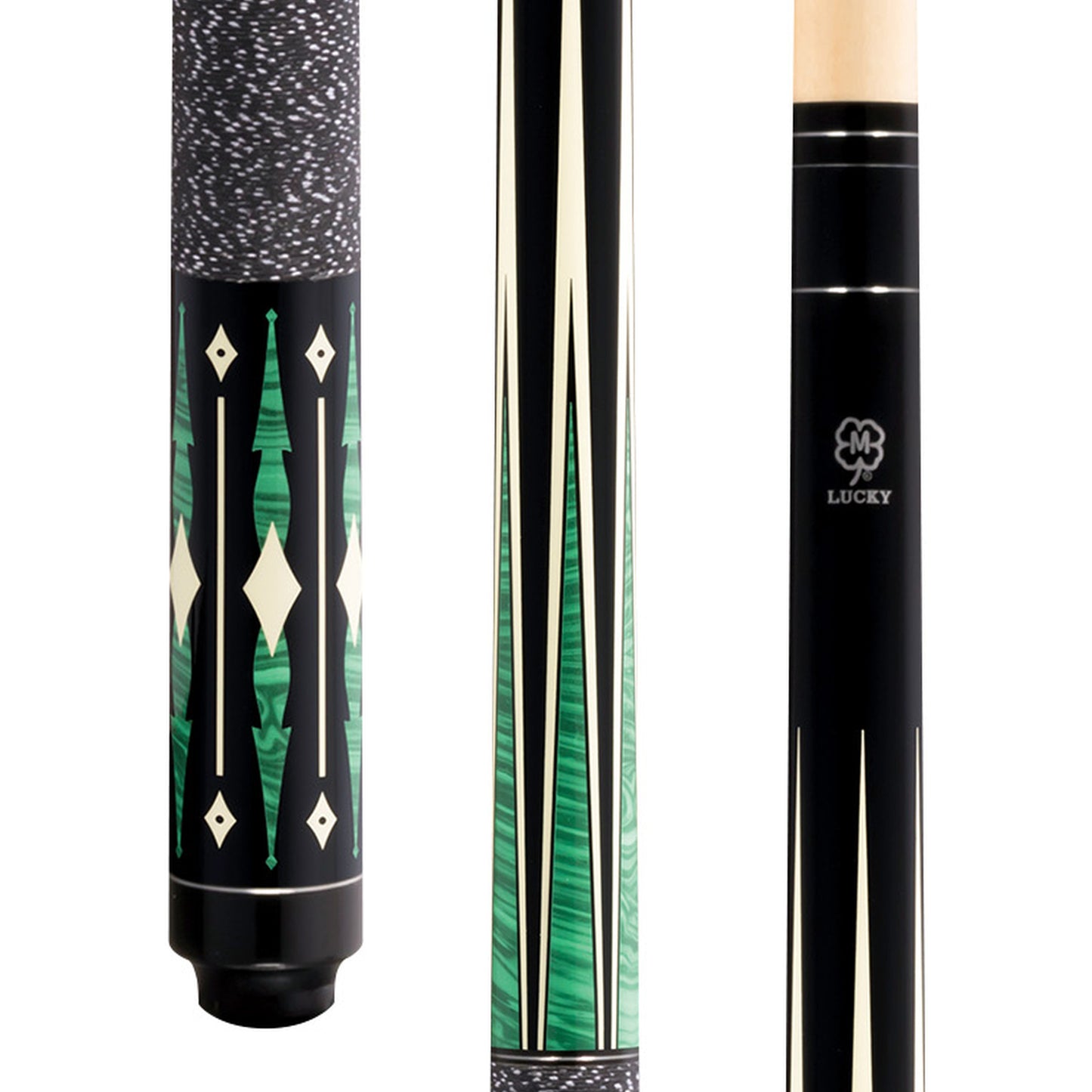 McDermott Lucky L28 pool cue close-up: black design with green and white overlay points above the Irish linen wrap and diamond sleeve graphics.