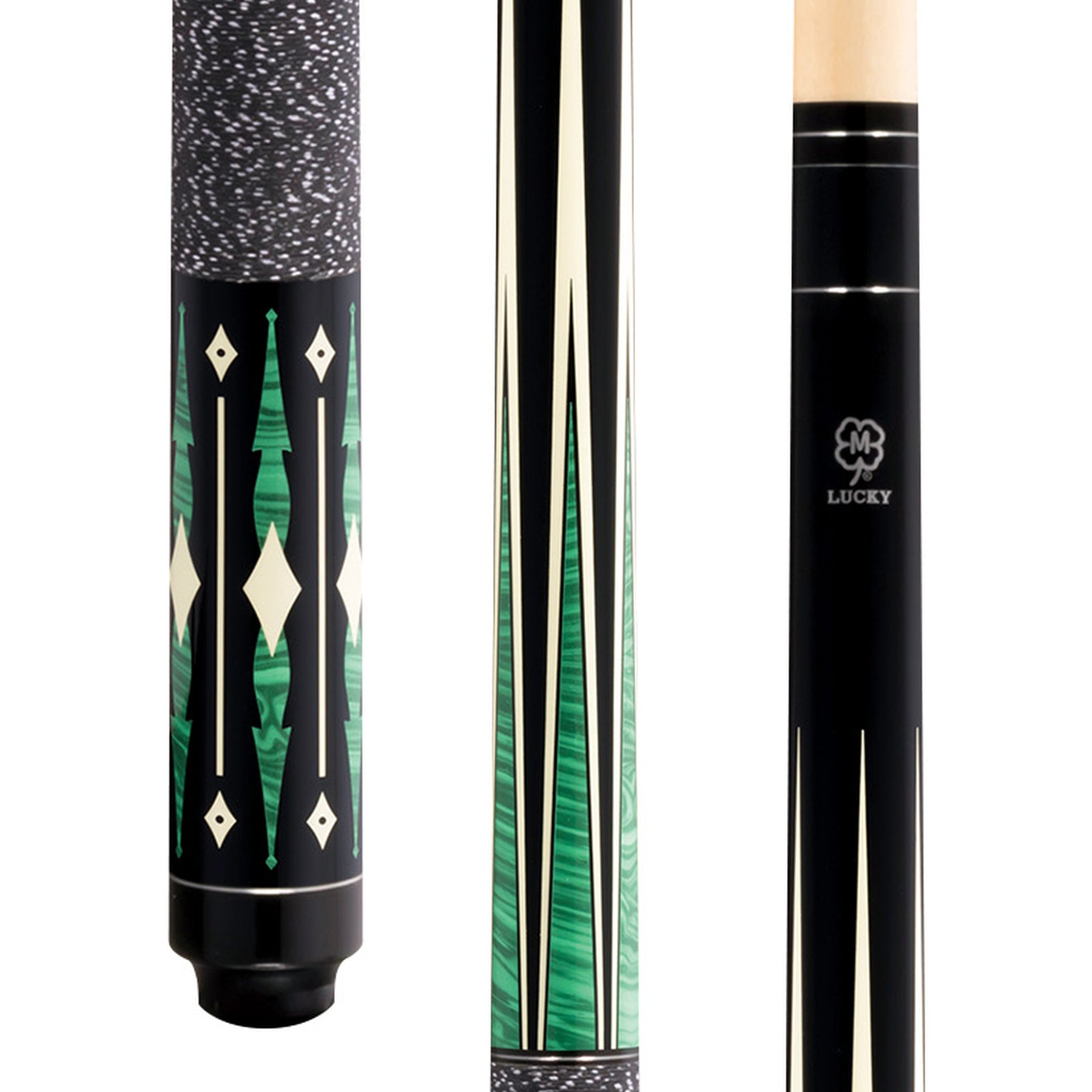 McDermott Lucky L28 pool cue close-up: black design with green and white overlay points above the Irish linen wrap and diamond sleeve graphics.