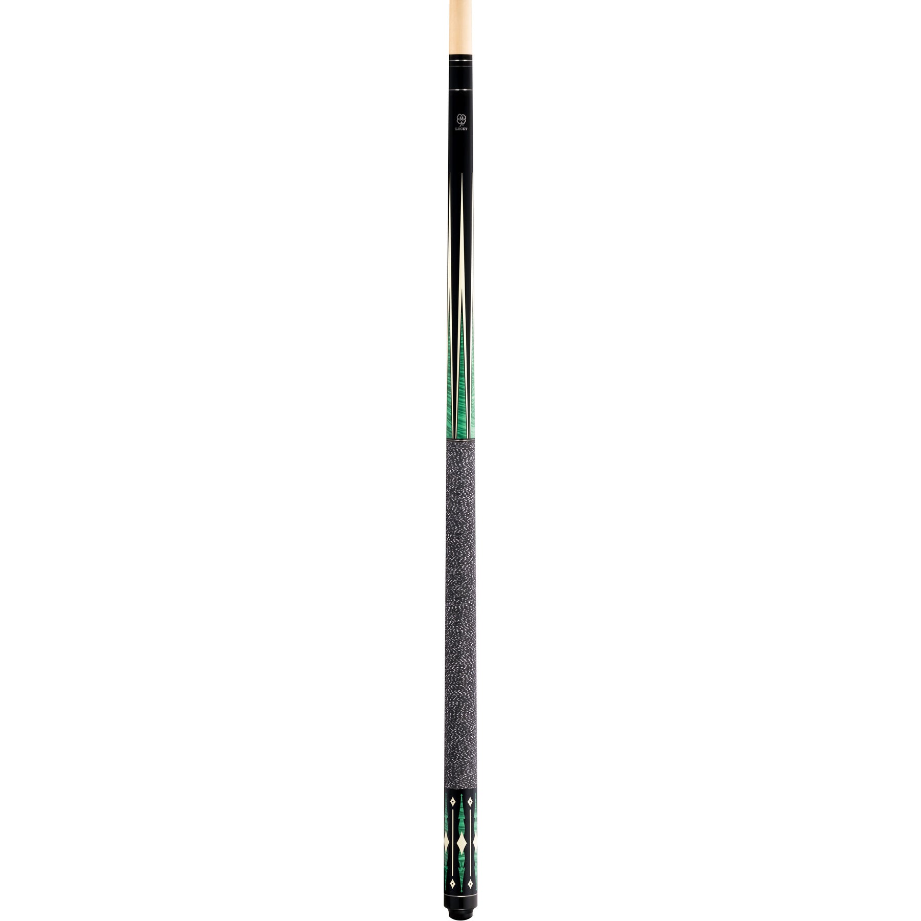 Full McDermott Lucky L28 pool cue. Black maple design with green and white points, diamond sleeve, and Irish linen wrap.