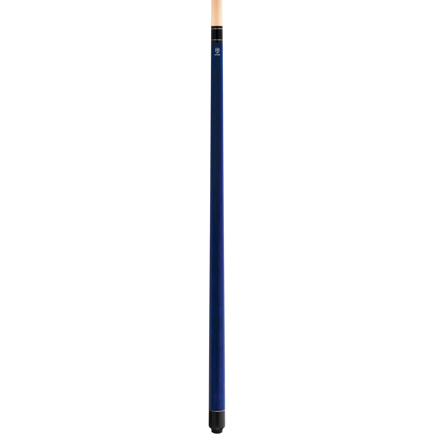 McDermott Lucky L2 Pool Cue, full view. Blue stained maple cue with silver rings and a wrapless handle.