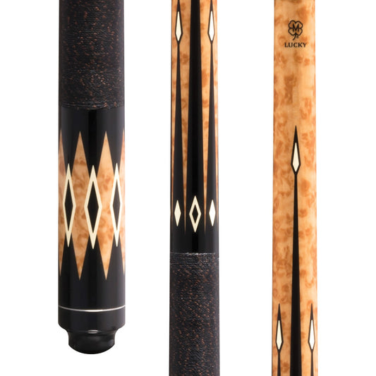 Lucky L33 Pool Cue – Brown Burl Wood Overlay, Wrapless Handle, Silver Rings, Hard Rock Maple, 3/8x10 Joint