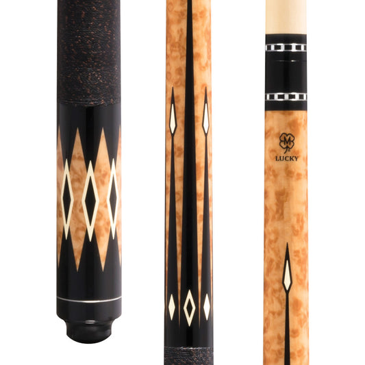 McDermott Lucky L33 pool cue close-up. Features brown burl wood overlay design and a smooth no-wrap handle.