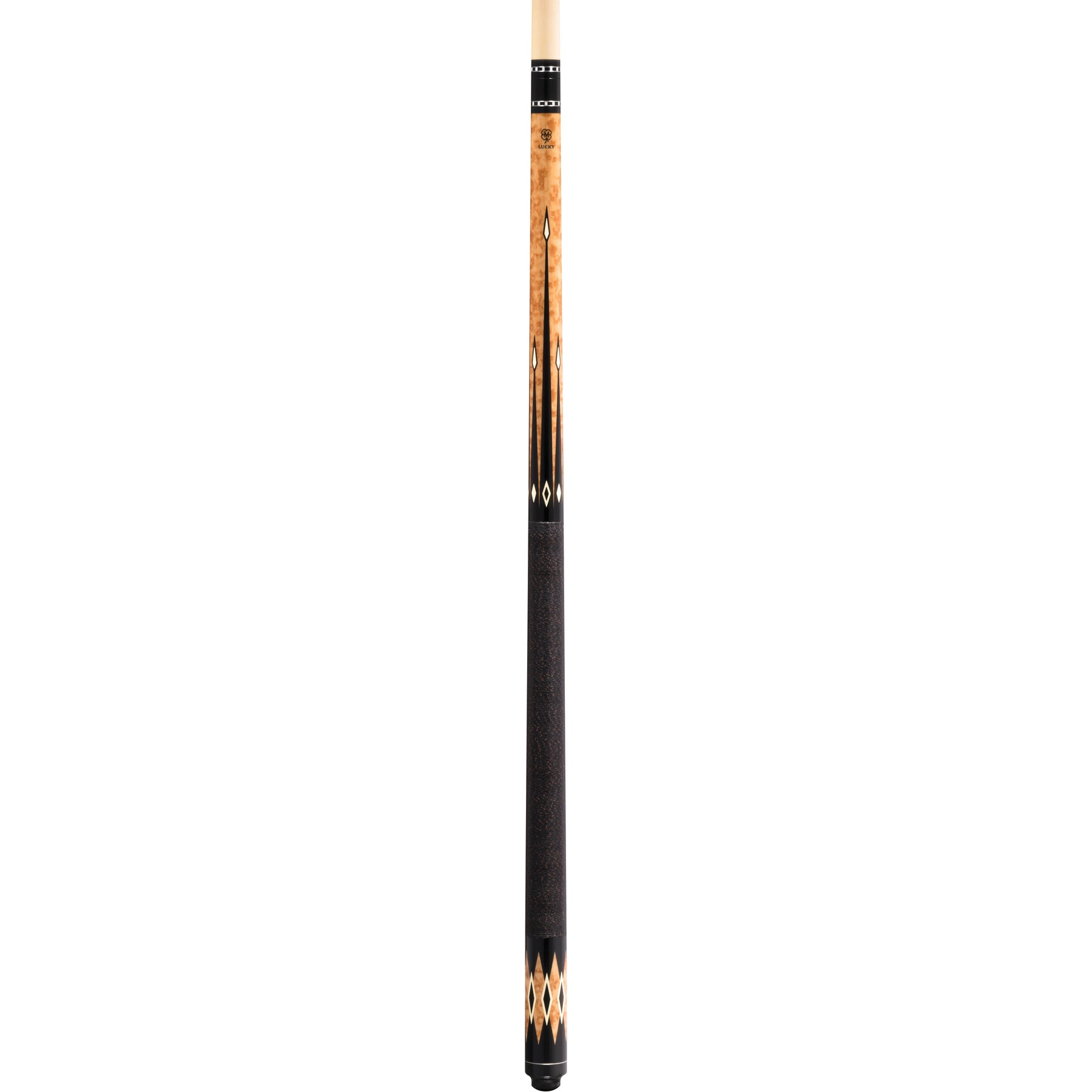 McDermott Lucky L33 pool cue, full length view. Displays brown burl wood overlay and a wrapless handle.