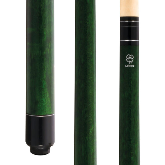 McDermott Lucky L3 pool cue butt close-up, showing green stained maple and silver rings on a no-wrap handle.
