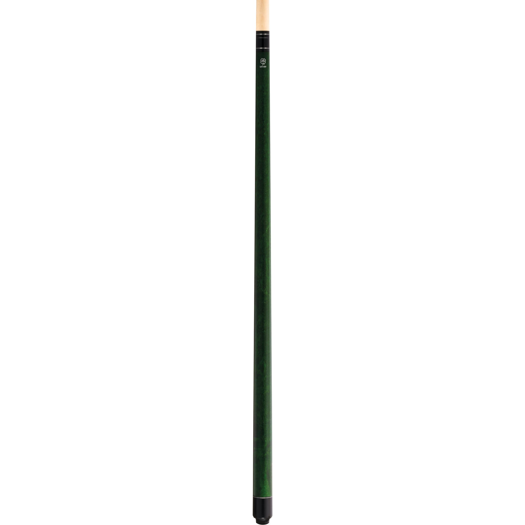 Full cue view of the McDermott Lucky L3 pool cue, featuring green stained maple and silver rings.