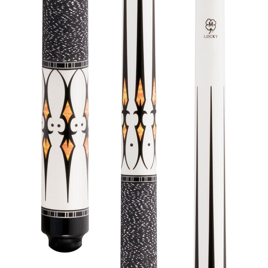 Lucky L40 Pool Cue – White Finish with Multi-Color Overlay Points, Irish Linen Wrap, Silver Rings, 3/8x10 Joint