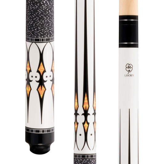 McDermott Lucky L40 pool cue close-up. White finish butt with multi-color graphics, Irish linen wrap, silver rings.