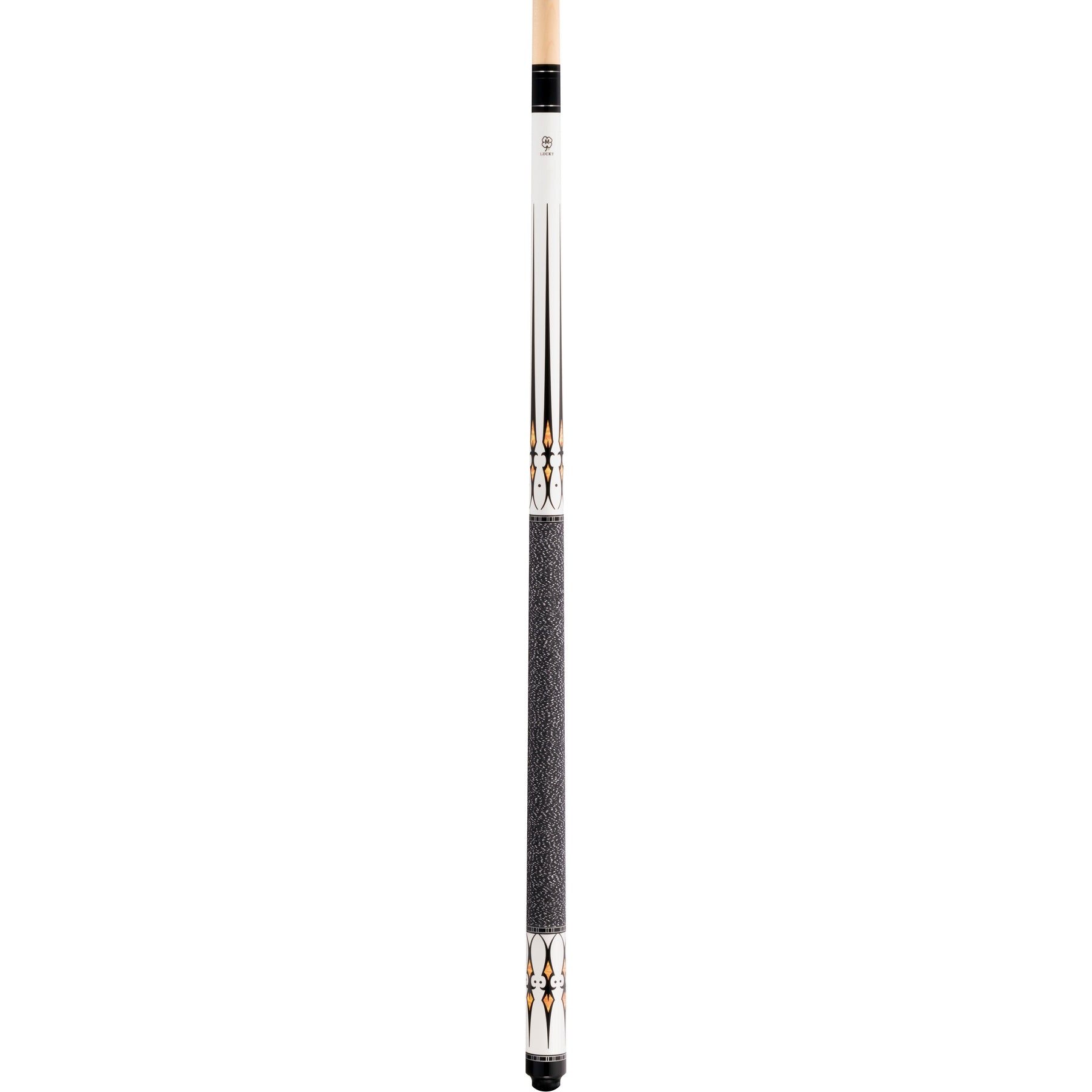 McDermott Lucky L40 pool cue, full view. White forearm, multi-color overlay points and sleeve, Irish linen wrap.