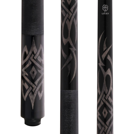 Lucky L48 Pool Cue – Grey Stain Maple with Black Overlay, Irish Linen Wrap, Silver Rings, 3/8x10 Joint