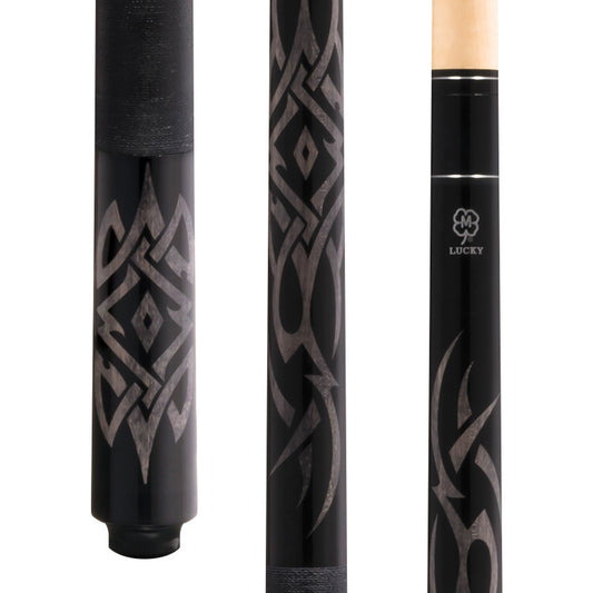 McDermott Lucky L48 pool cue close-up, grey stained maple butt with black overlay and Irish linen wrap.