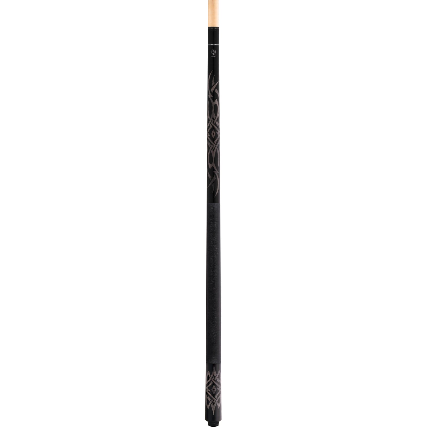 McDermott Lucky L48 full pool cue. Grey stained maple with black overlay design and silver ring accents.