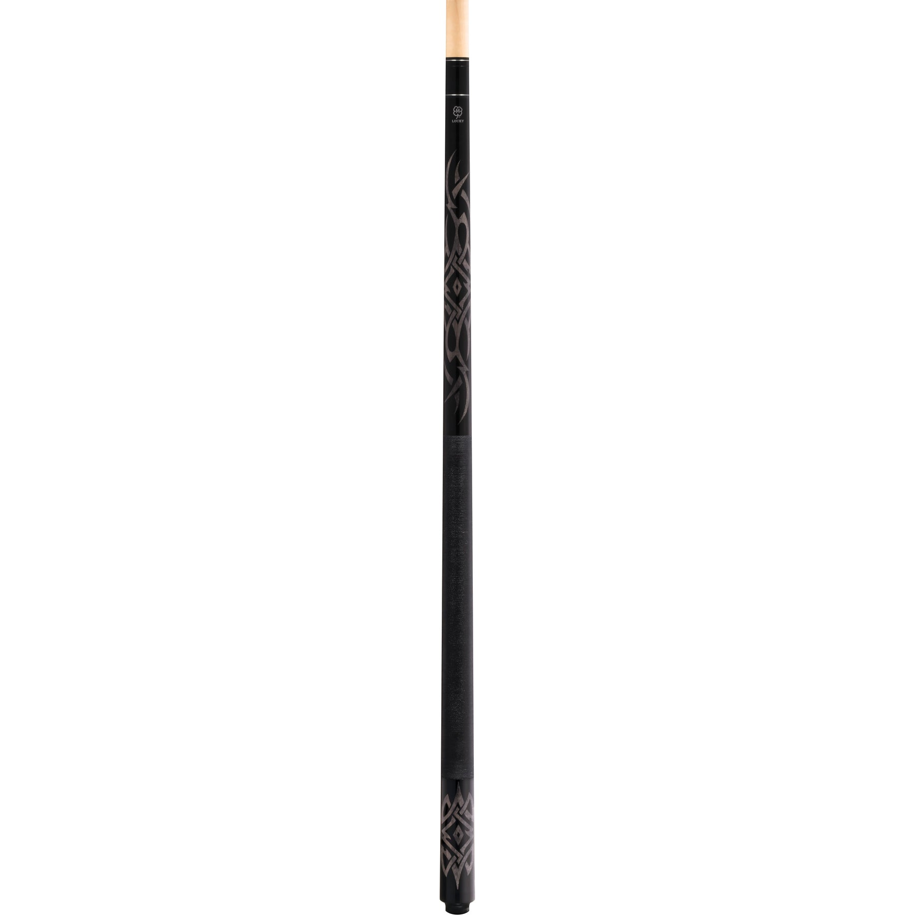 McDermott Lucky L48 full pool cue. Grey stained maple with black overlay design and silver ring accents.