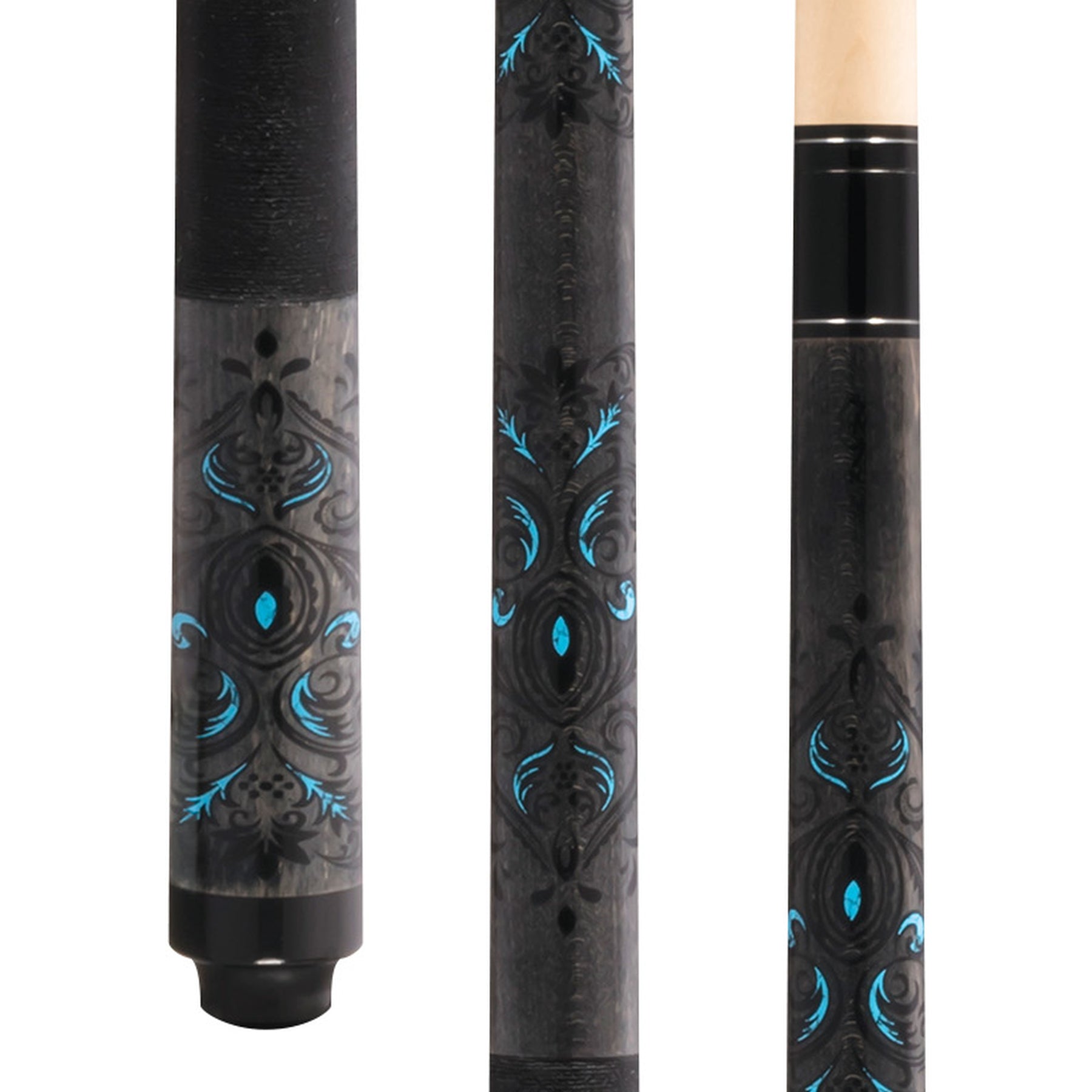 McDermott Lucky L51 pool cue close-up, grey stained maple with overlay graphics and Irish linen wrap.