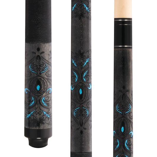 McDermott Lucky L51 pool cue close-up, grey stained maple with overlay graphics and Irish linen wrap.