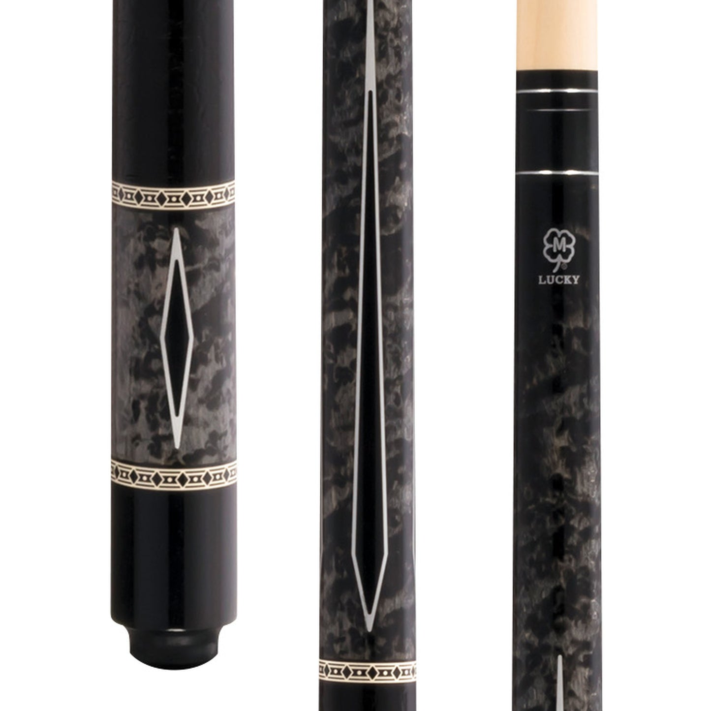 McDermott Lucky L54 pool cue close-up showing grey burl overlay, multi-color points, and textured handle.