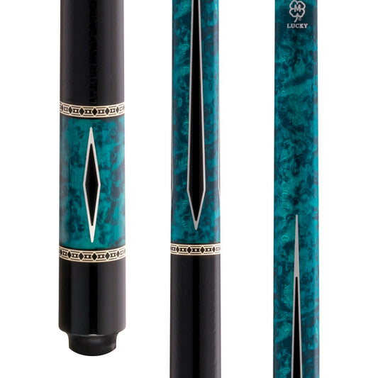 Lucky L55 Pool Cue – Blue Burl Wood Overlay, Multi-Color Points, Textured Handle, 3/8x10 Joint