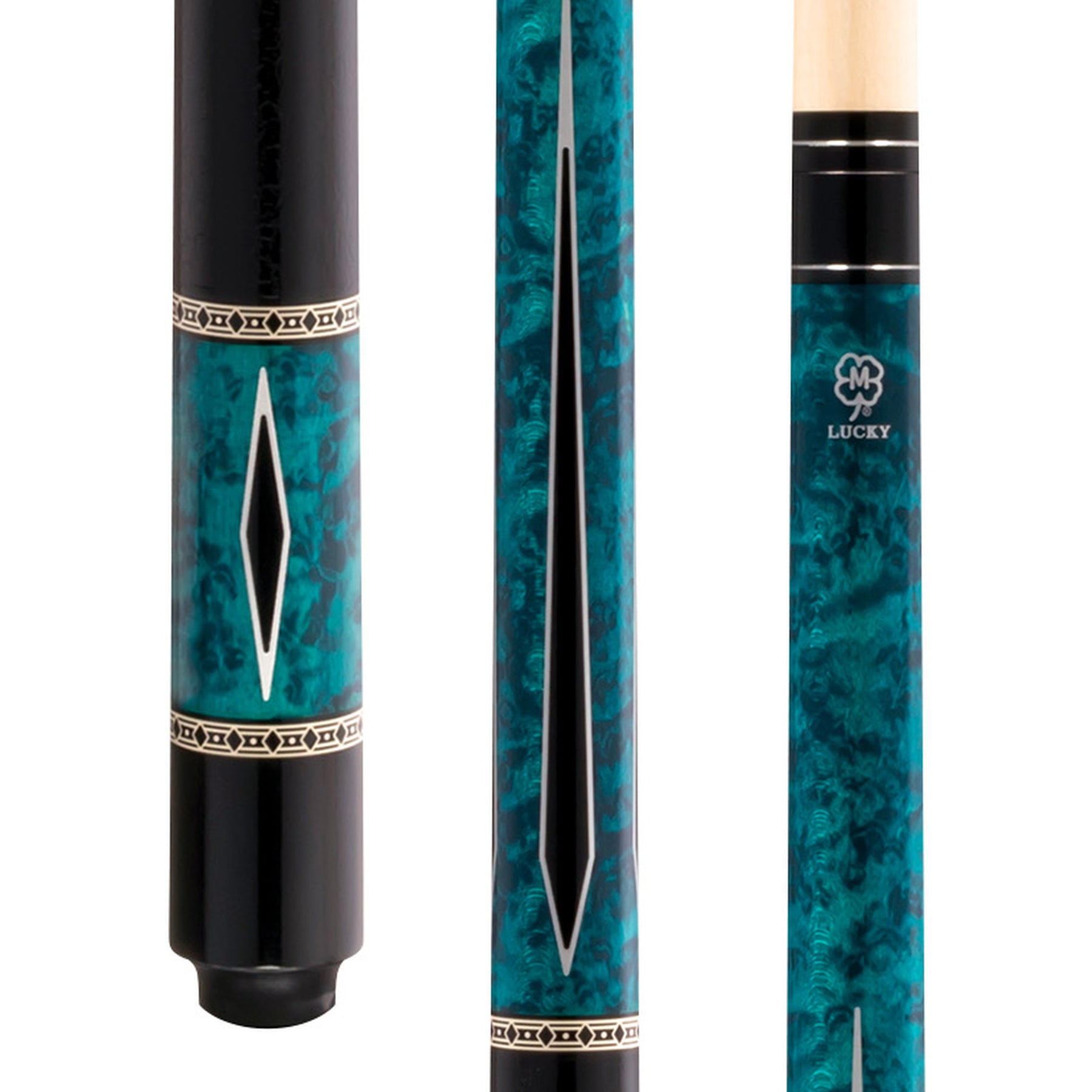 McDermott Lucky L55 pool cue butt. Blue burl overlay, multi-color points, textured handle. Close-up.