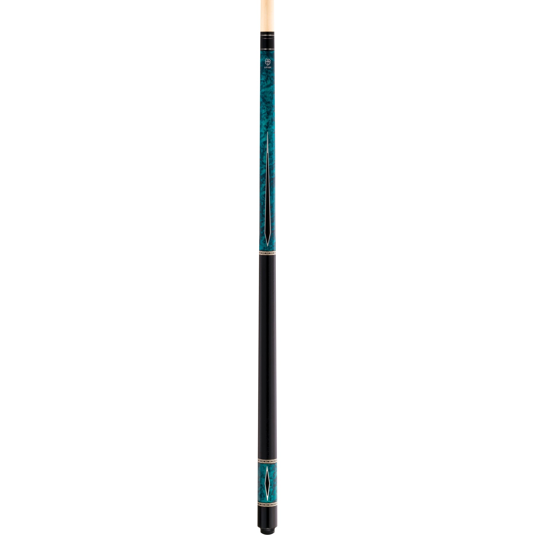McDermott Lucky L55 pool cue. Blue burl overlay, multi-color points, and textured handle. Full cue view.