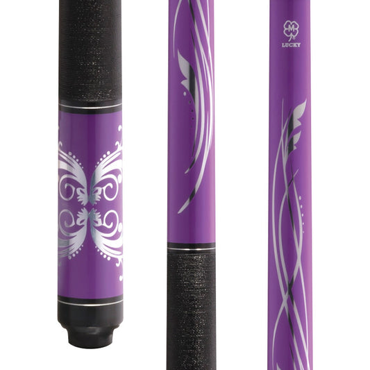 Lucky L59 Pool Cue – Purple with Metallic Overlay Graphics, Irish Linen Wrap, Silver Rings, 3/8x10 Joint