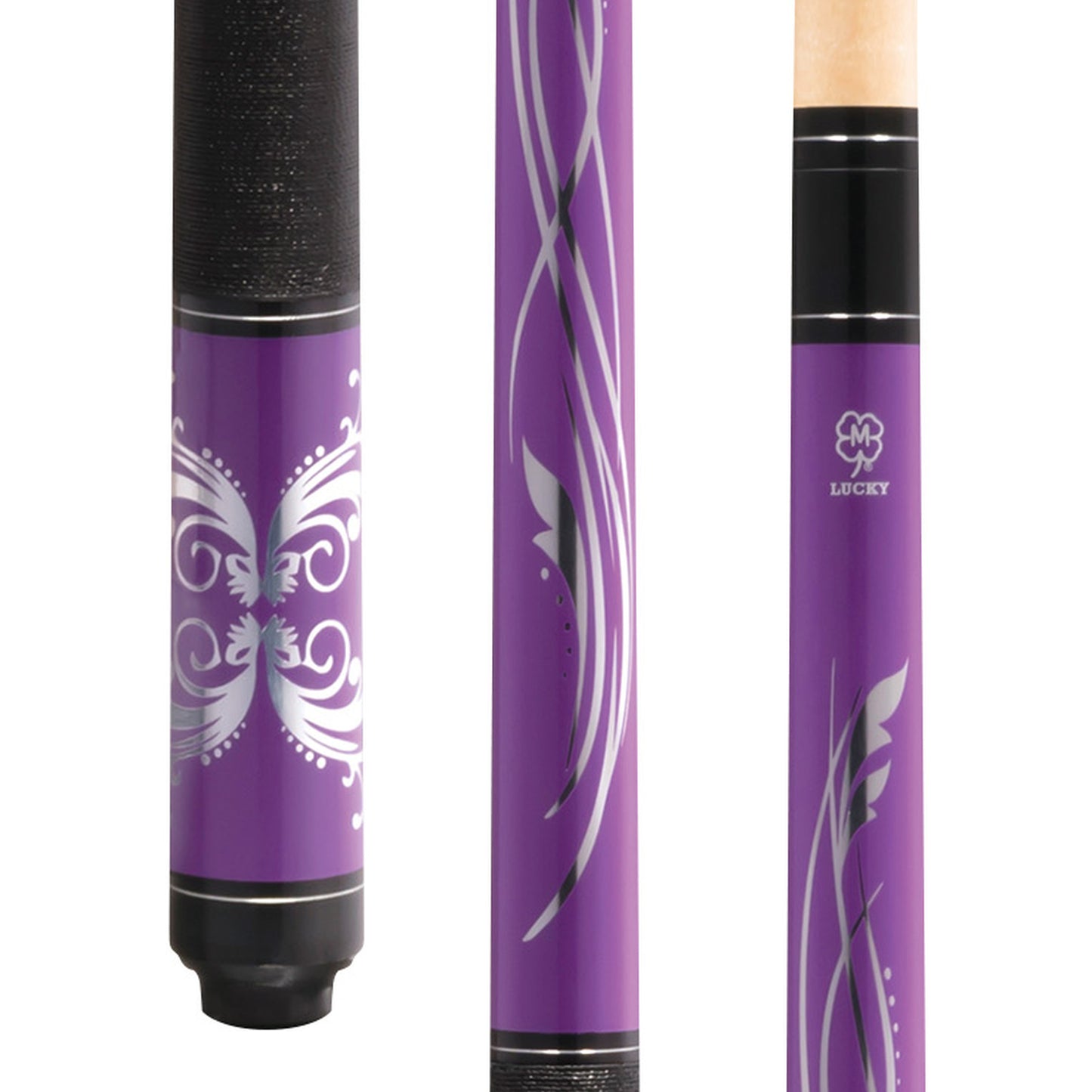 McDermott Lucky L59 Pool Cue. Close-up of purple metallic graphics, silver rings, and Irish Linen wrap.
