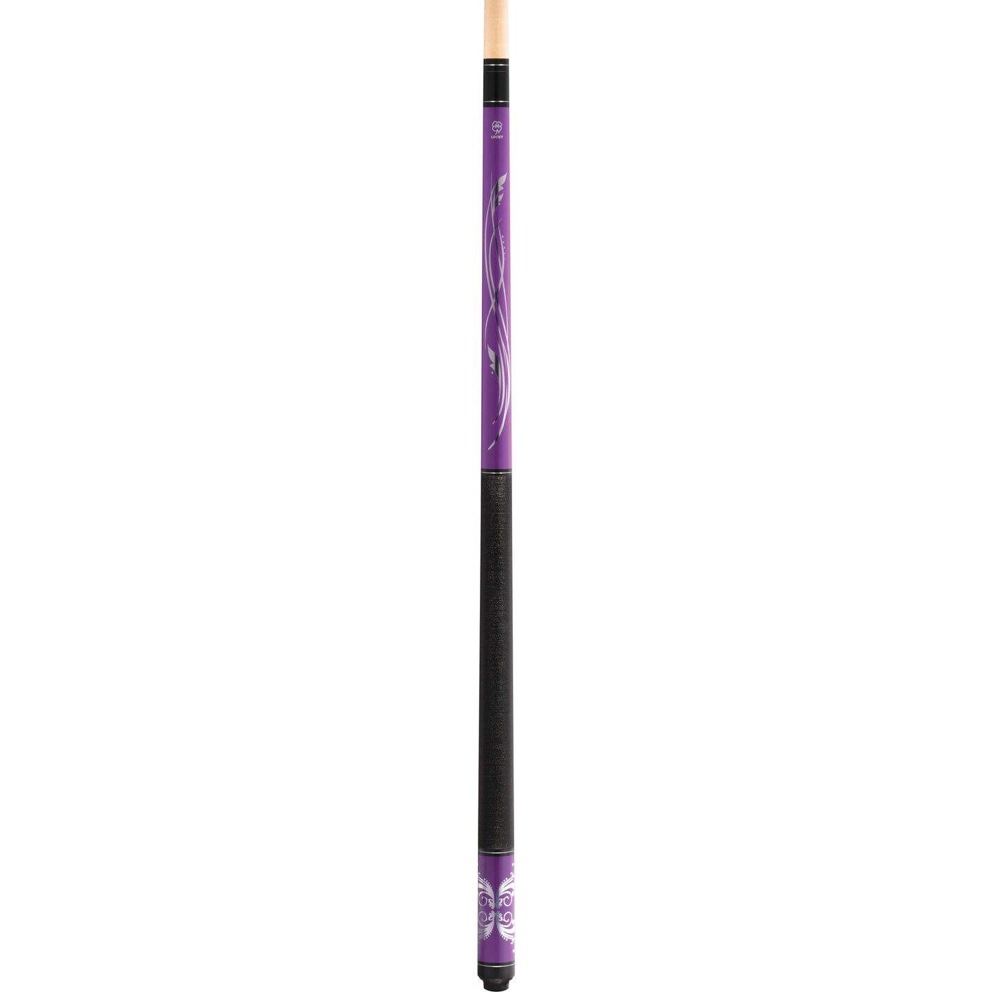 McDermott Lucky L59 Pool Cue. Full view showing purple metallic graphics and Irish Linen wrap.