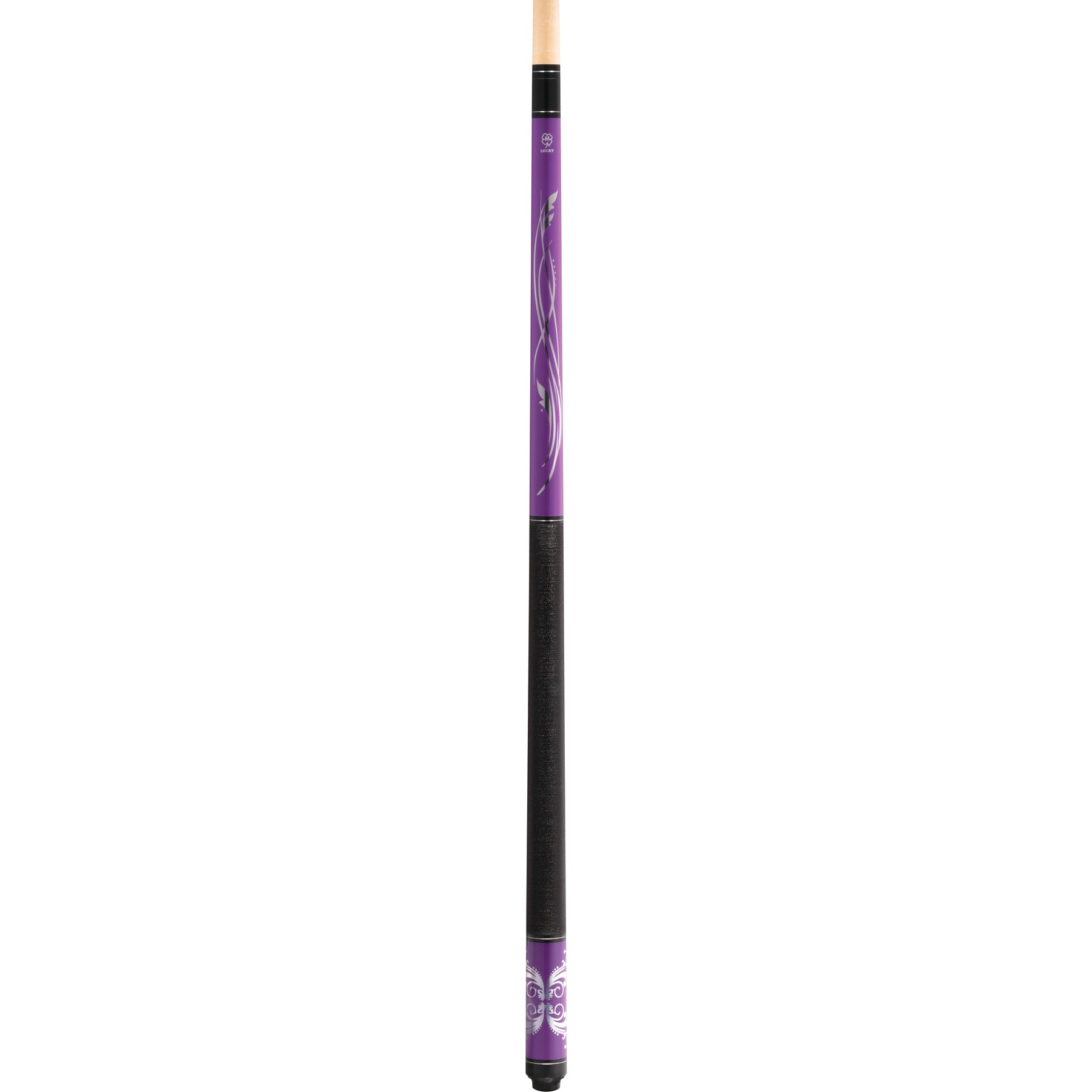 McDermott Lucky L59 Pool Cue. Full view showing purple metallic graphics and Irish Linen wrap.