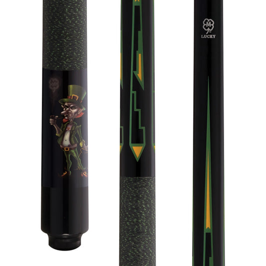 Lucky L65 Leprechaun Pool Cue – Black with Green & Yellow Graphics, Irish Linen Wrap, Hard Rock Maple, 3/8x10 Joint