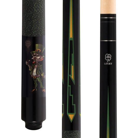 McDermott Lucky L65 pool cue, close-up of butt with leprechaun graphic, green and yellow accents, and Irish Linen wrap.