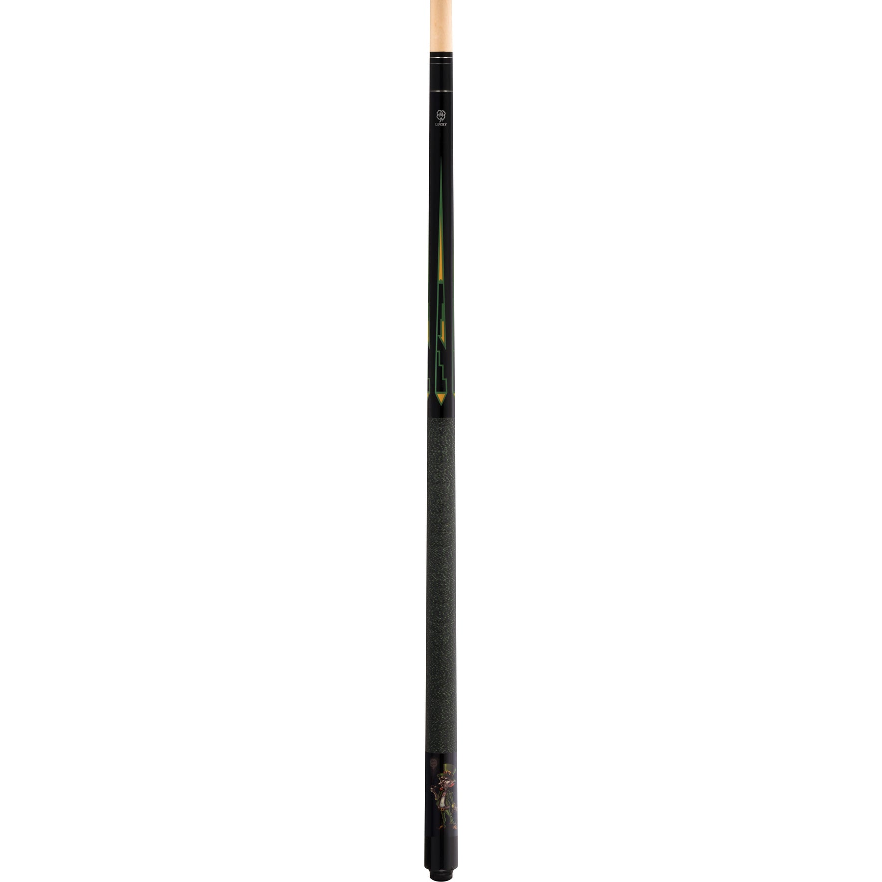 McDermott Lucky L65 pool cue, full view. Black finish with green and yellow graphics and leprechaun sleeve design.
