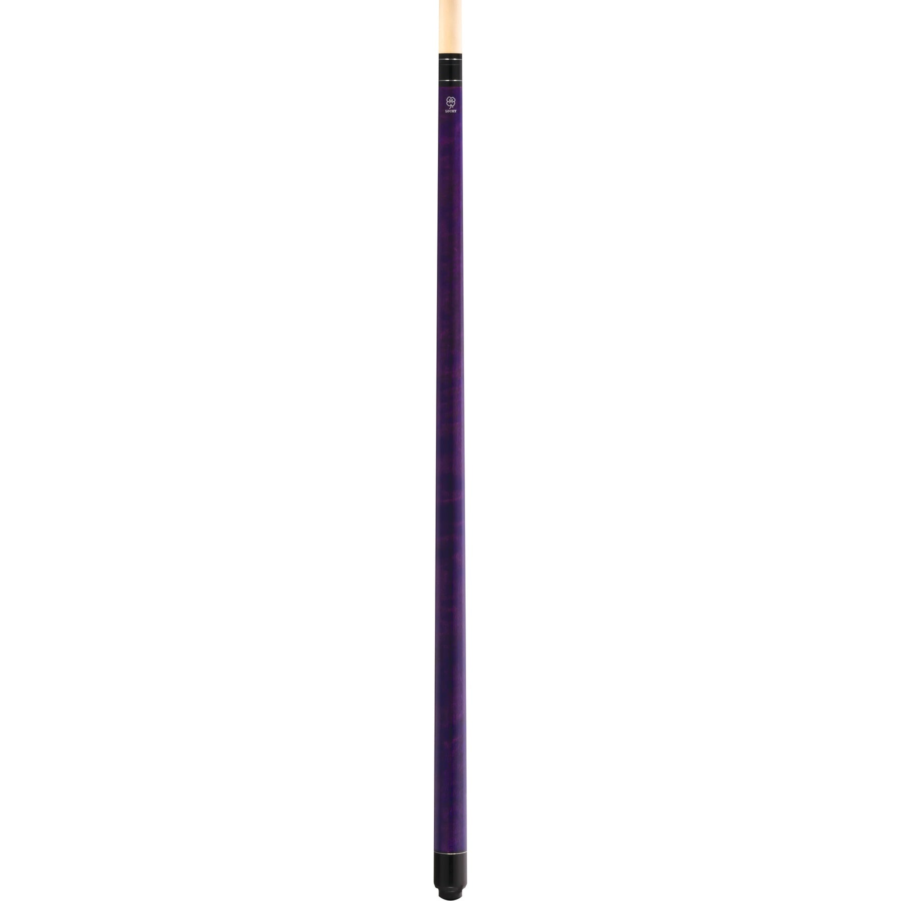 McDermott Lucky L69 pool cue, purple stained maple, no-wrap handle, silver rings, full cue view.