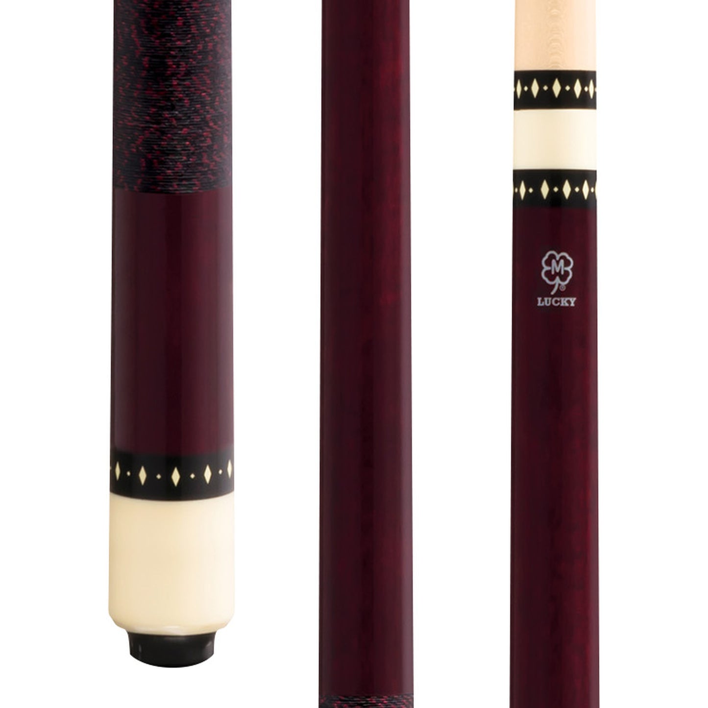 Lucky L6 pool cue butt shows burgundy stained maple, overlay index rings, and Irish linen wrap, close-up.