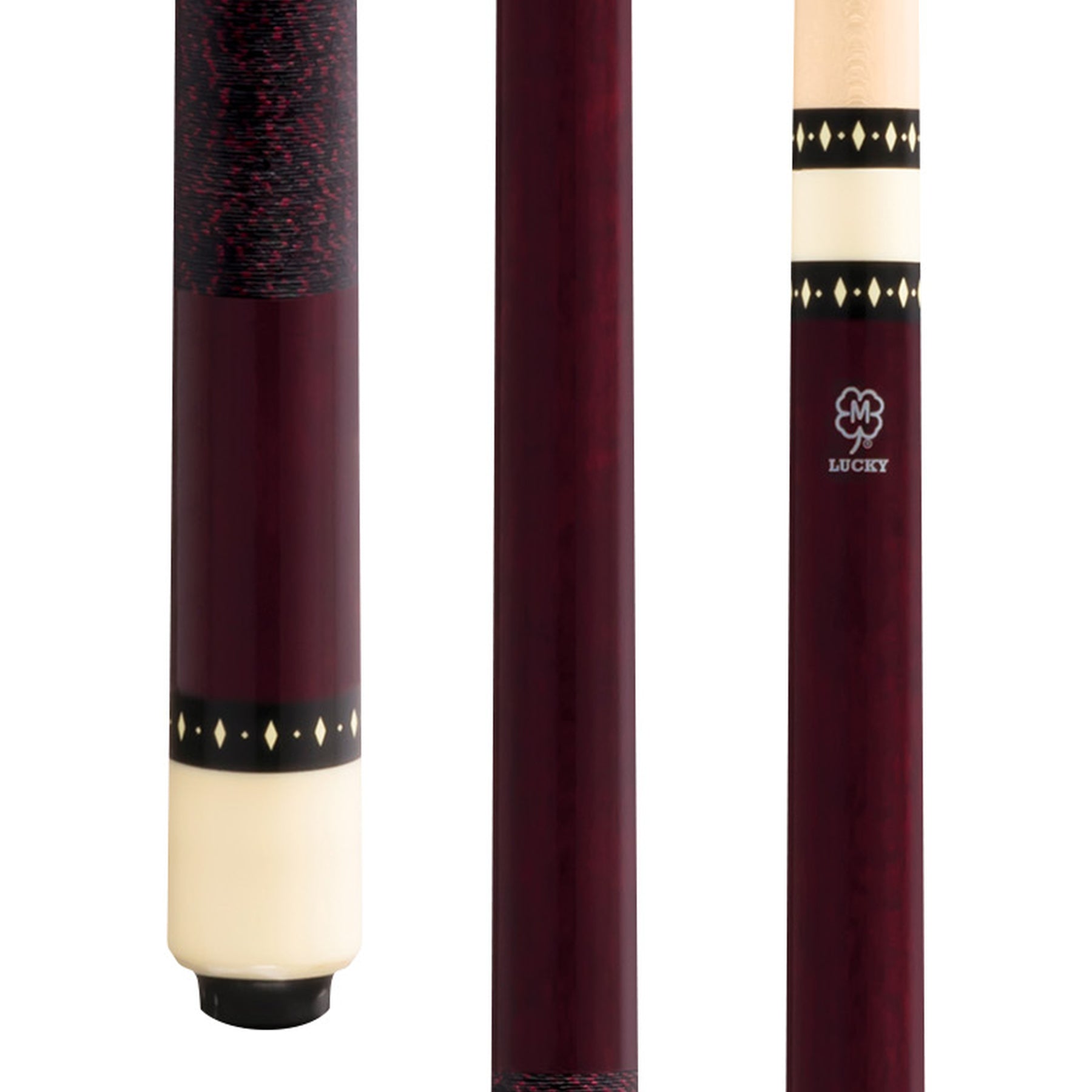 Lucky L6 pool cue butt shows burgundy stained maple, overlay index rings, and Irish linen wrap, close-up.
