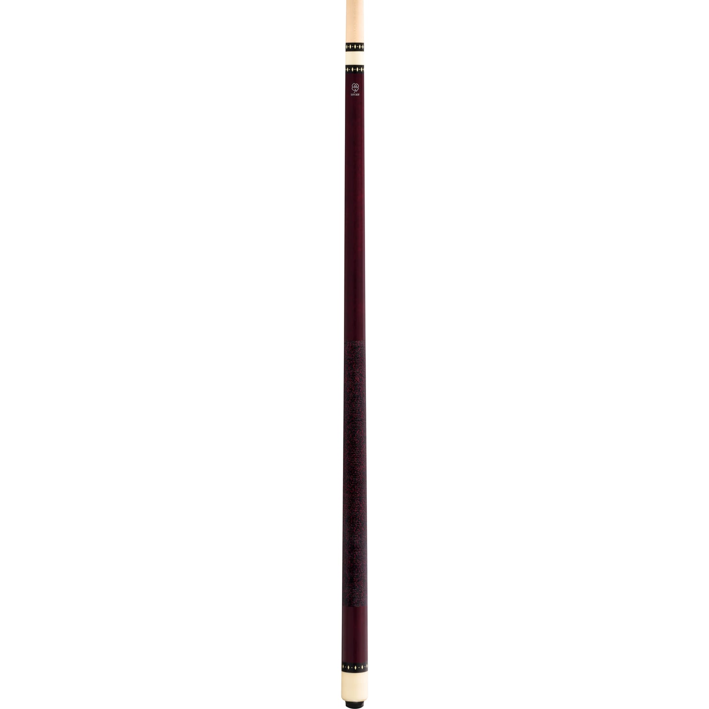 Lucky L6 pool cue full view, burgundy stained maple, overlay index rings, and Irish linen wrap.