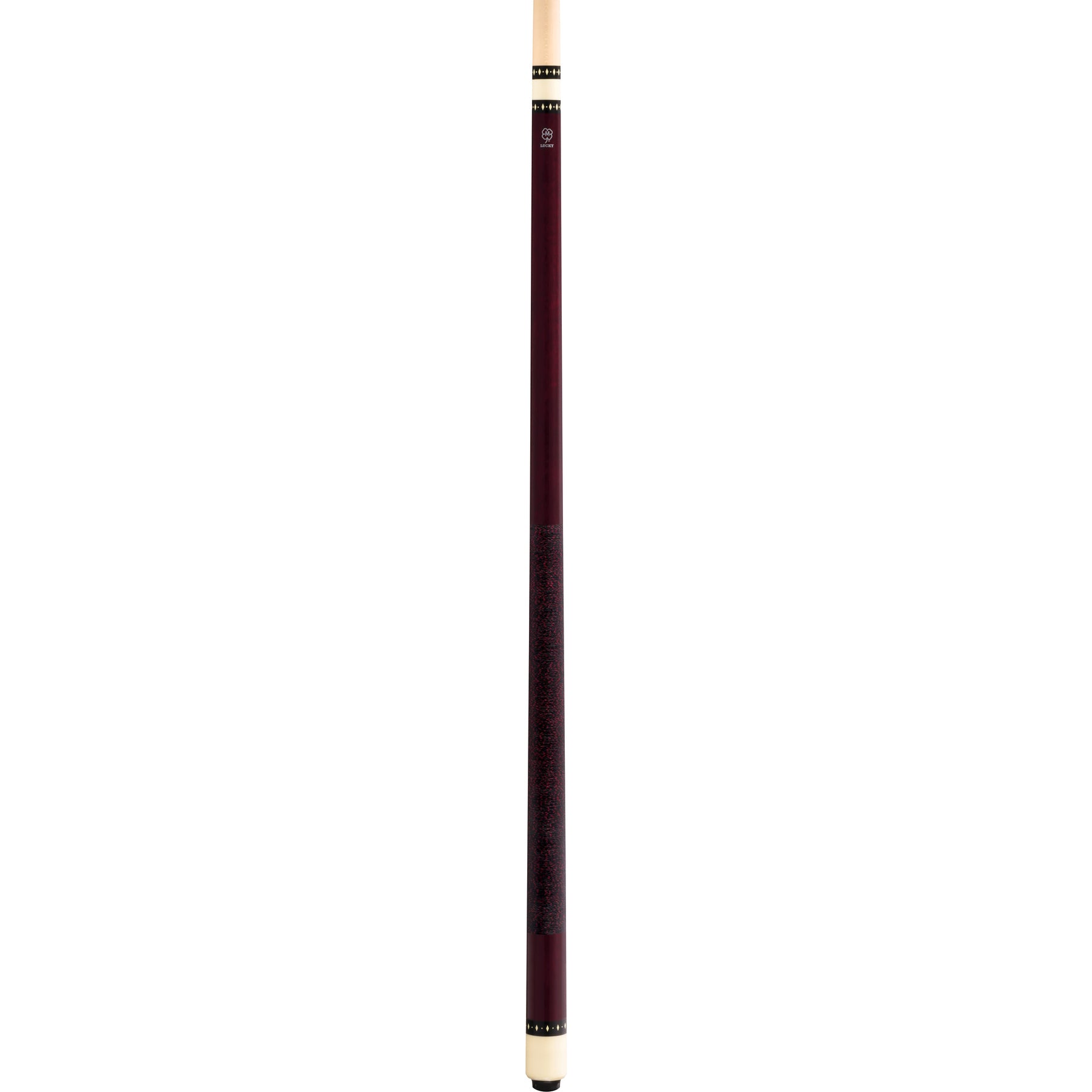 Lucky L6 pool cue full view, burgundy stained maple, overlay index rings, and Irish linen wrap.