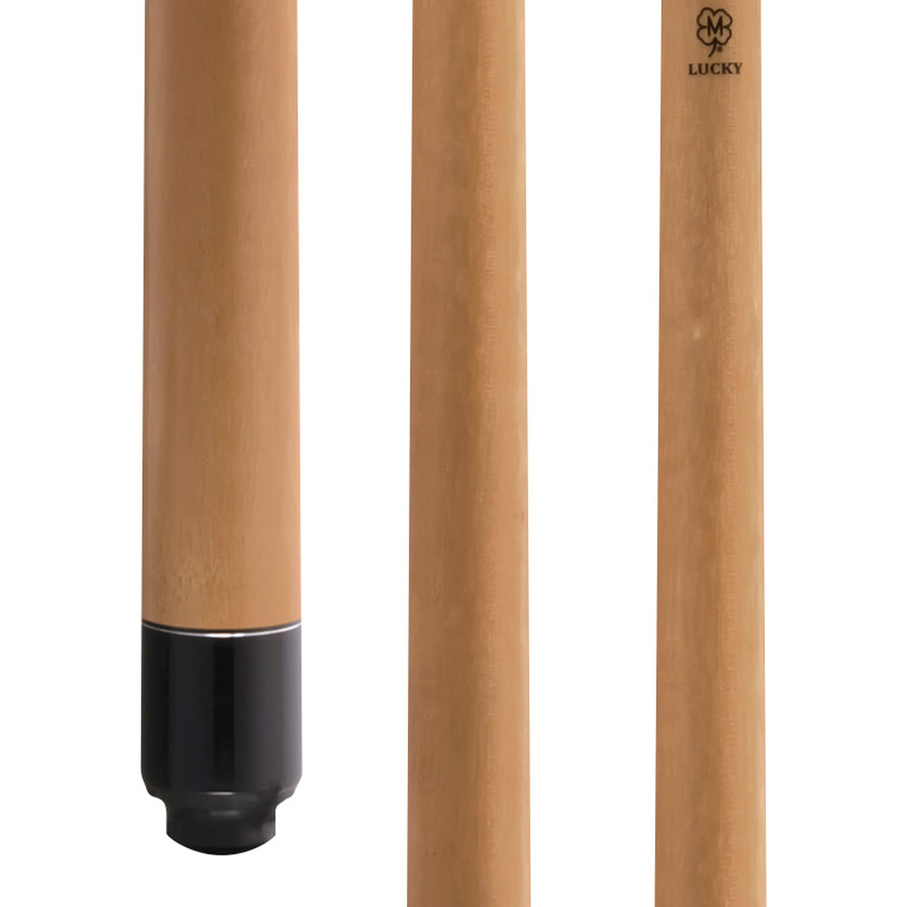 McDermott Lucky L70 Pool Cue close-up. Light brown stained maple, no-wrap handle, and silver ring accents.