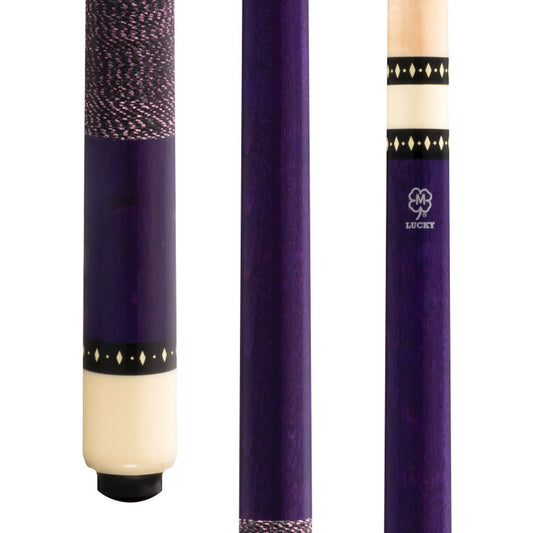Lucky L71 pool cue butt with purple stained maple finish, Irish linen wrap, and overlay index rings, close-up view.