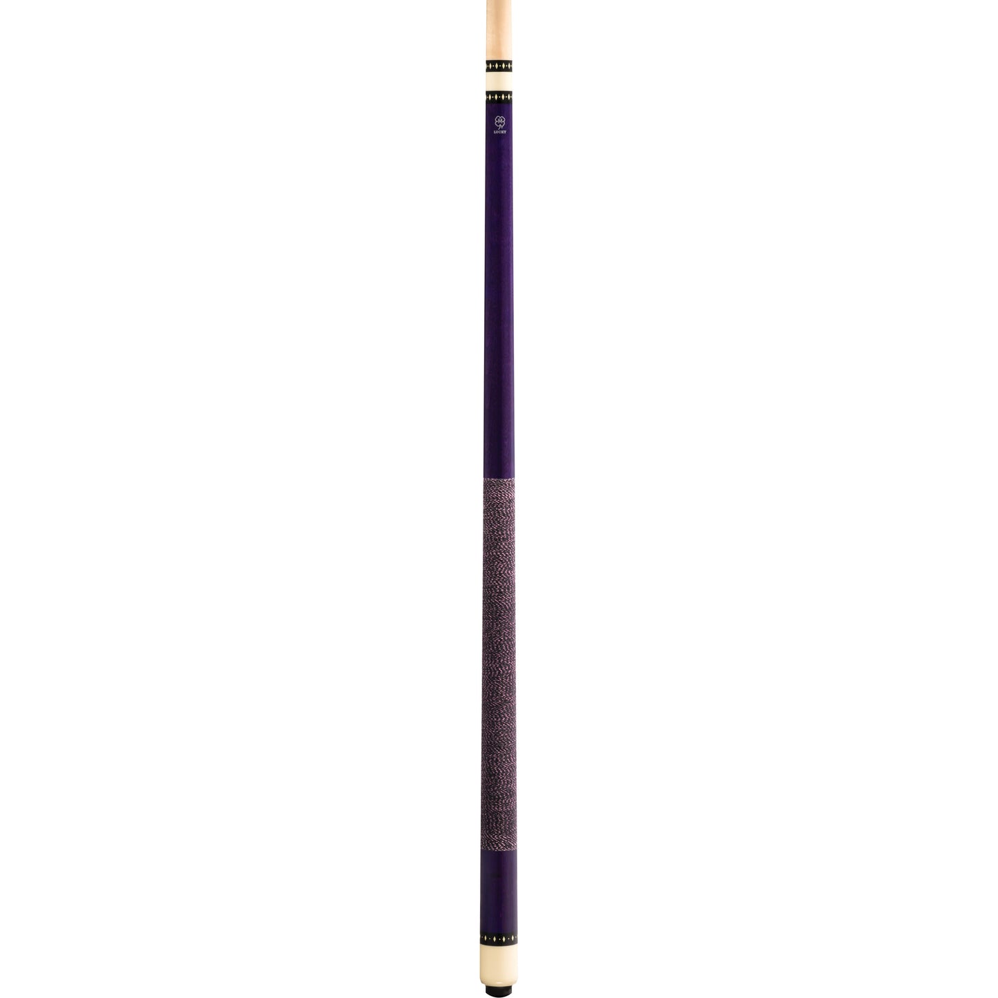Full view of Lucky L71 pool cue with purple stained maple finish, Irish linen wrap, and overlay index rings.