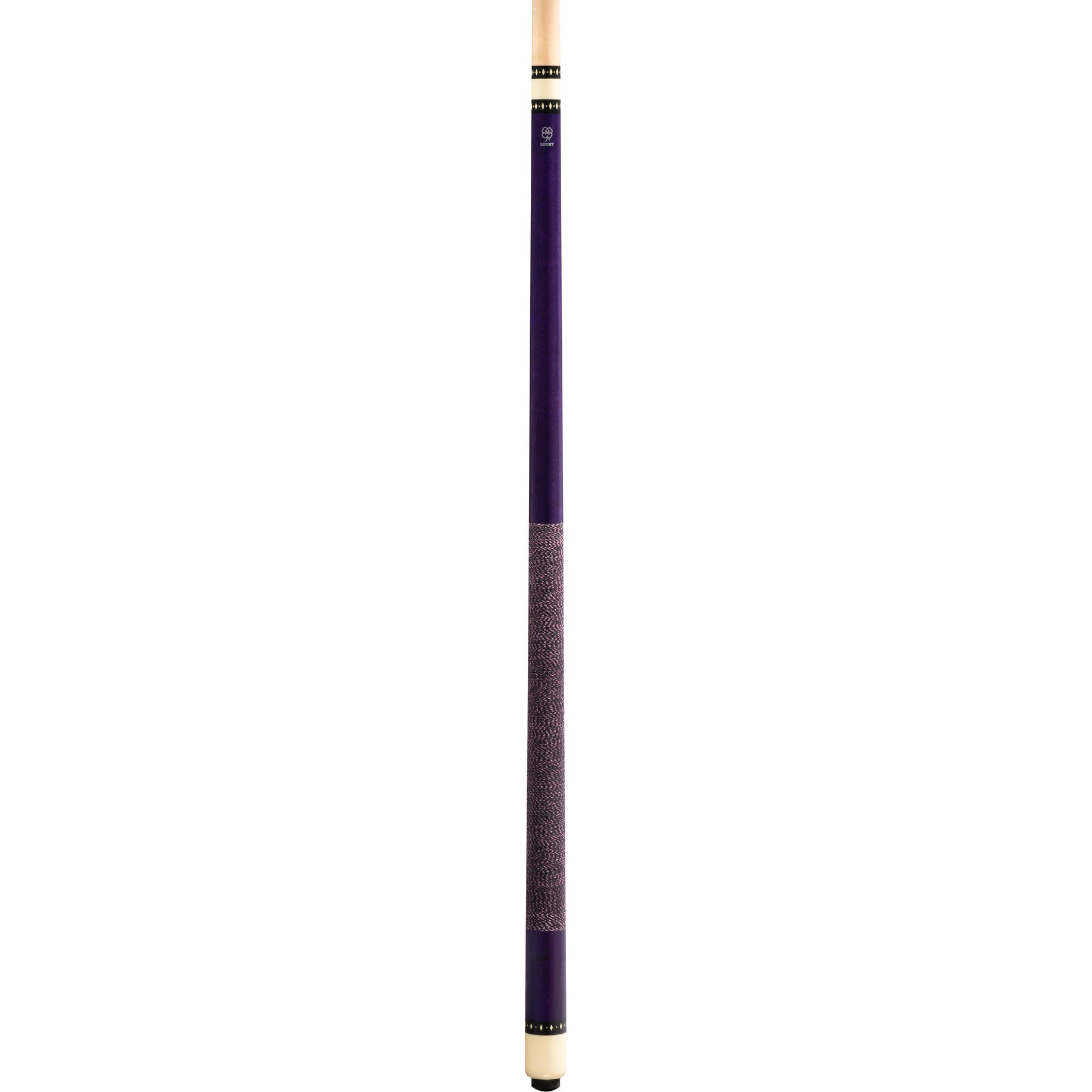 Full view of Lucky L71 pool cue with purple stained maple finish, Irish linen wrap, and overlay index rings.