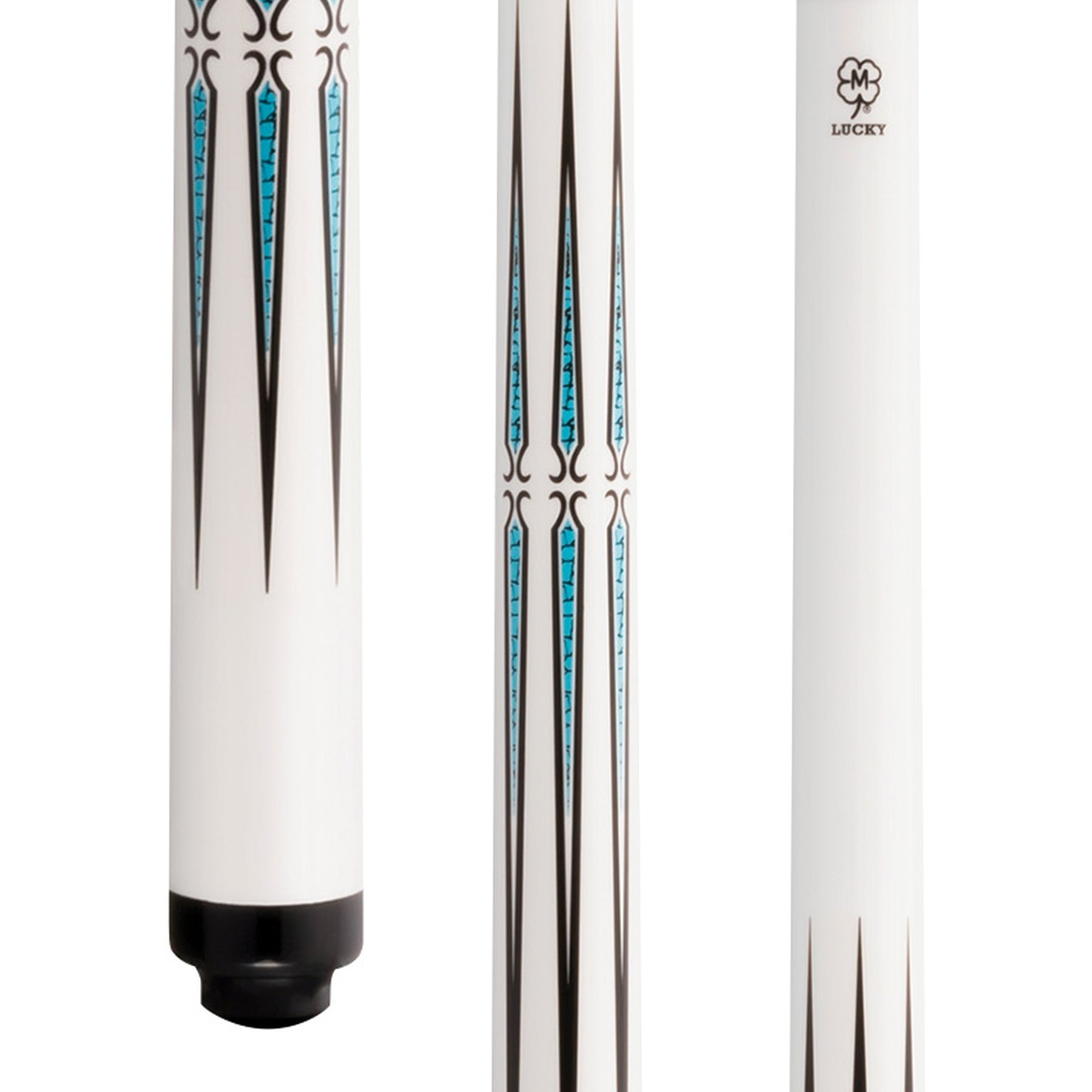 McDermott Lucky L74 pool cue close-up. White finish, multi-color overlay points, silver rings, wrapless handle.