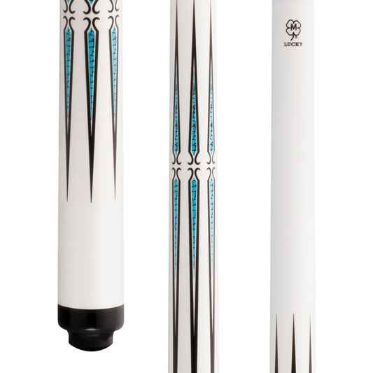 Lucky L74 Pool Cue – White Finish with Multi-Color Points, Silver Rings, Wrapless Handle, 3/8x10 Joint