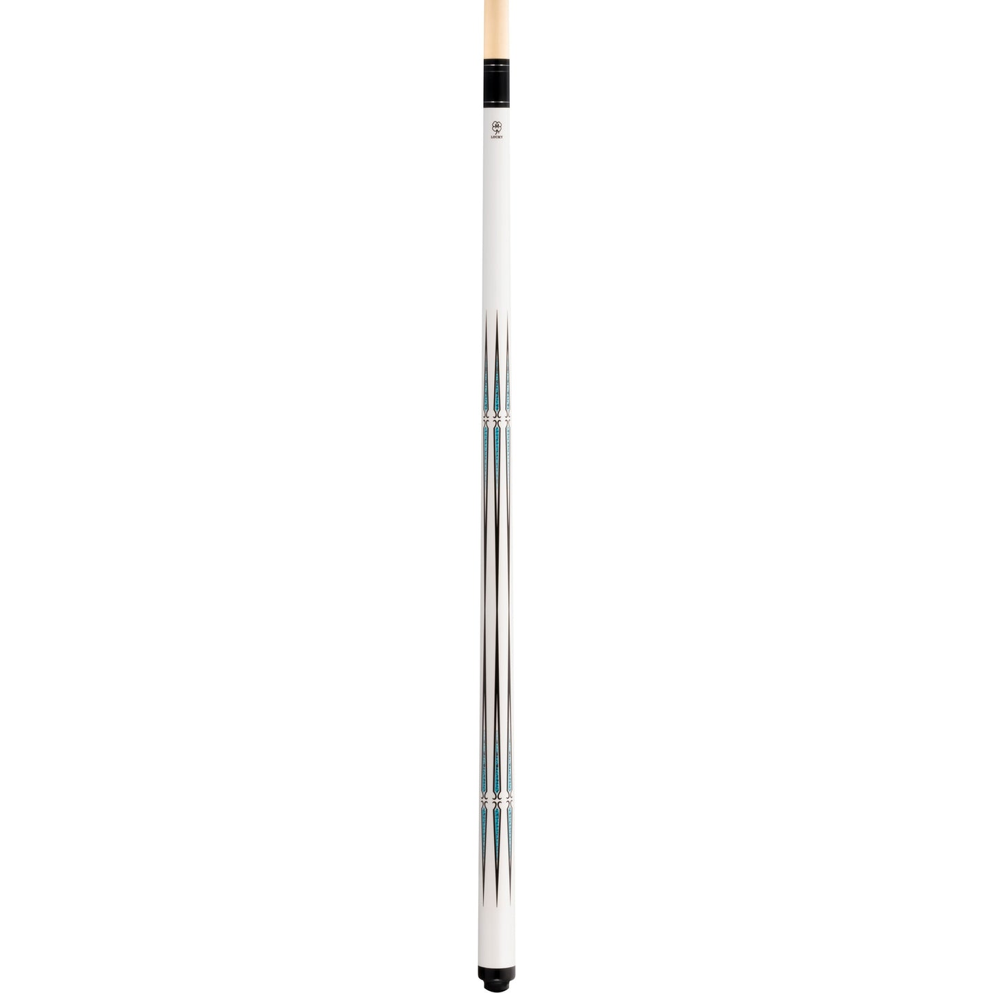 Full view of the McDermott Lucky L74 pool cue. Features a bright white finish with multi-color points and silver rings.