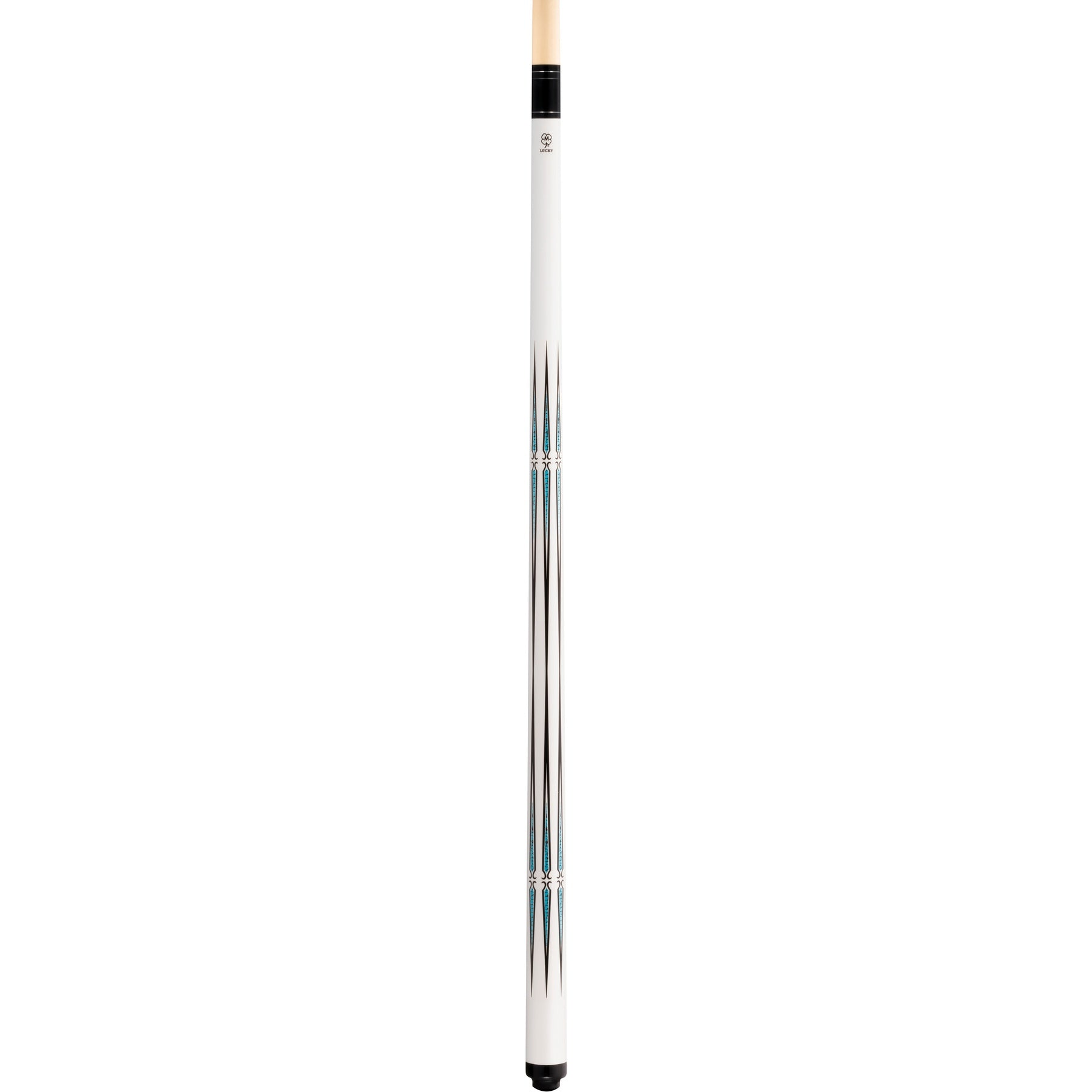 Full view of the McDermott Lucky L74 pool cue. Features a bright white finish with multi-color points and silver rings.